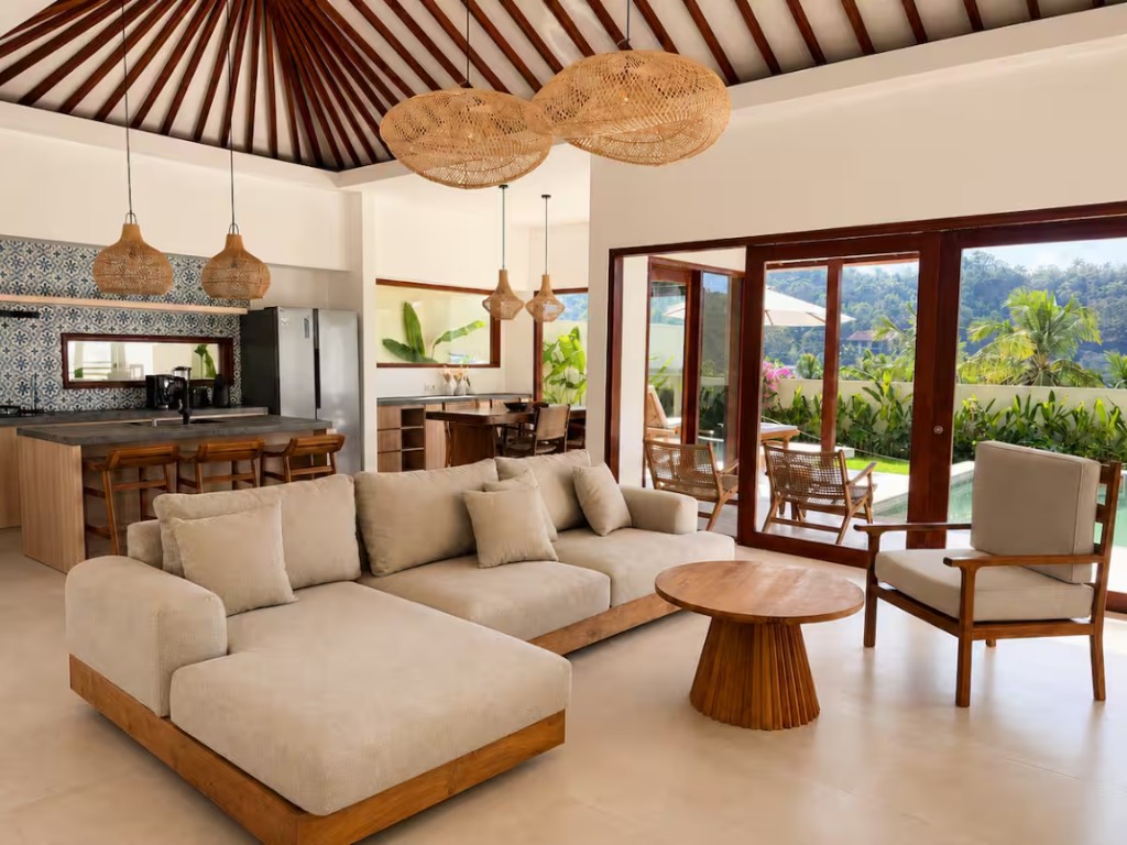 Open living room with vaulted ceiling
