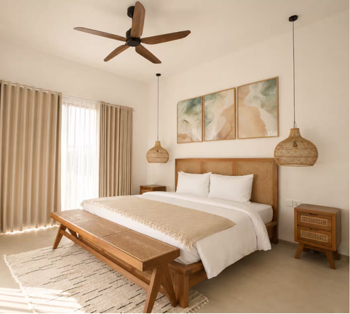 Bedroom with rattan headboard